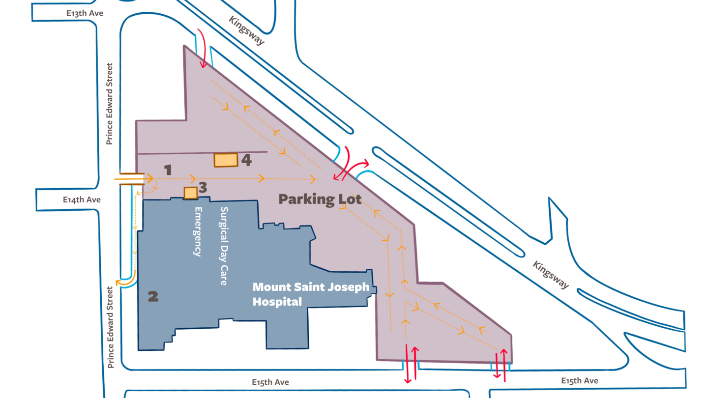 Map showing exits and entrances to the Mount Saint Joseph hospital parking lot