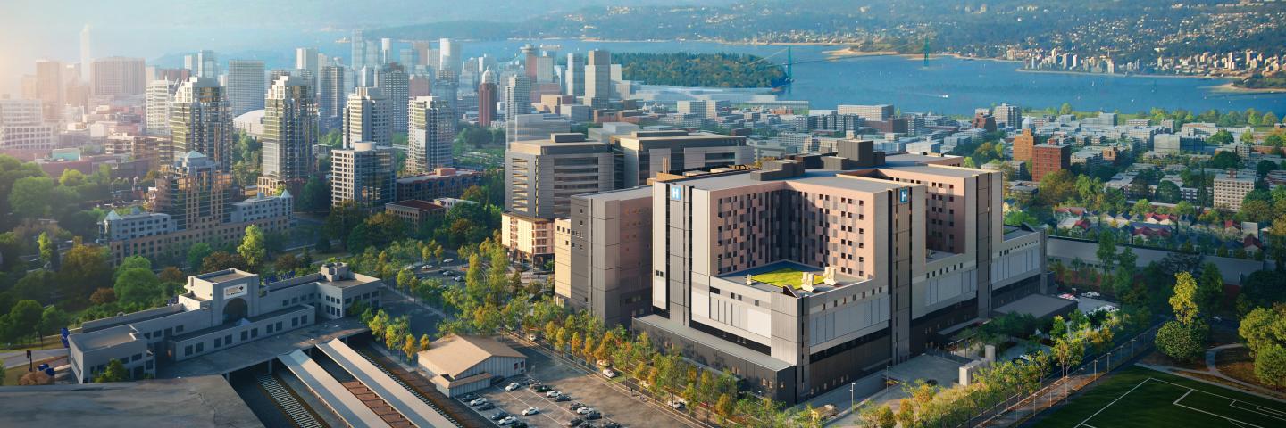 Cluster of medical facilities with the Lions Gate Bridge and Burrard Inlet in the background