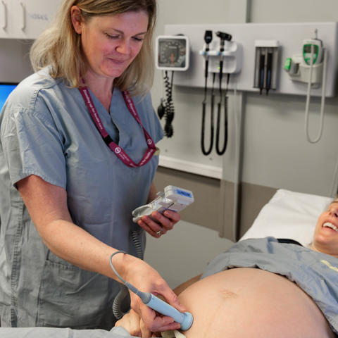Nurse giving ultrasound to pregnant woman